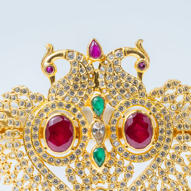 Gold-Plated Peacock Design Bridal Waist Belt with Ruby & Green Stones