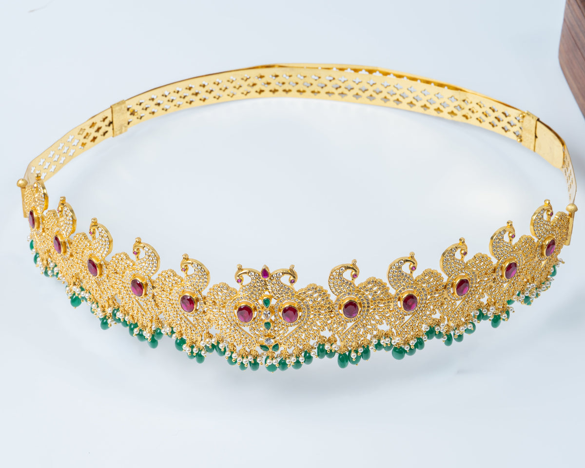Gold-Plated Peacock Design Bridal Waist Belt with Ruby & Green Stones