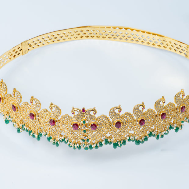 Gold-Plated Peacock Design Bridal Waist Belt with Ruby & Green Stones