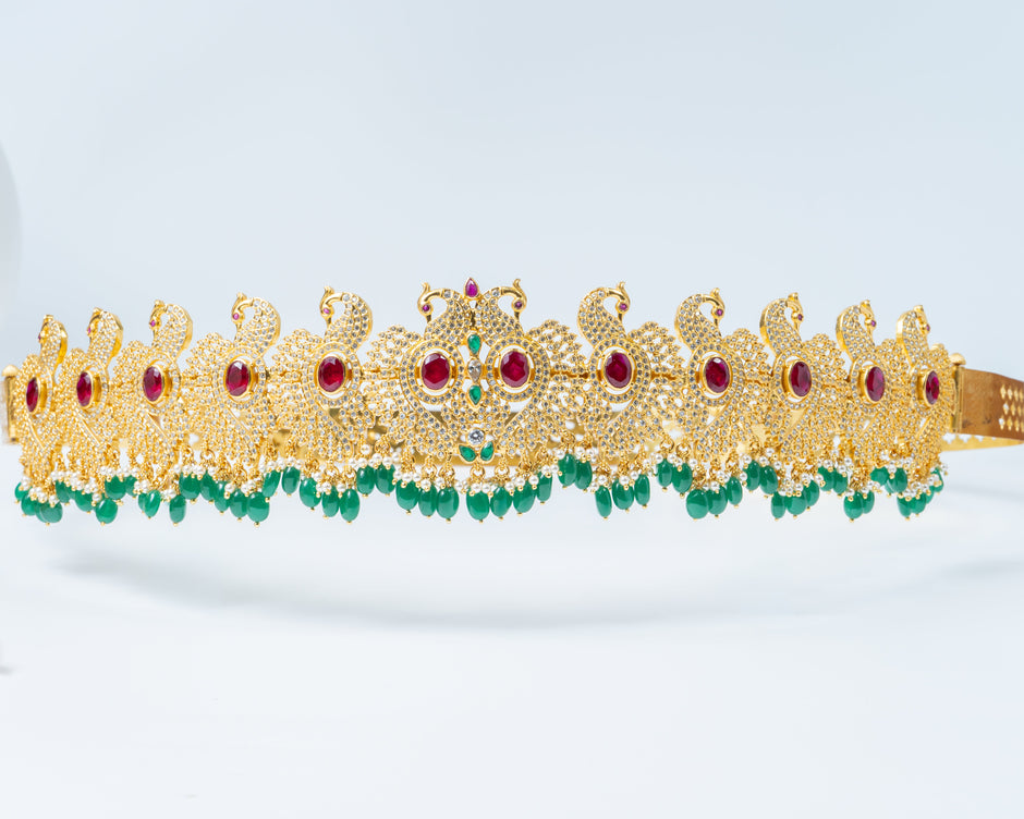 Gold-Plated Peacock Design Bridal Waist Belt with Ruby & Green Stones