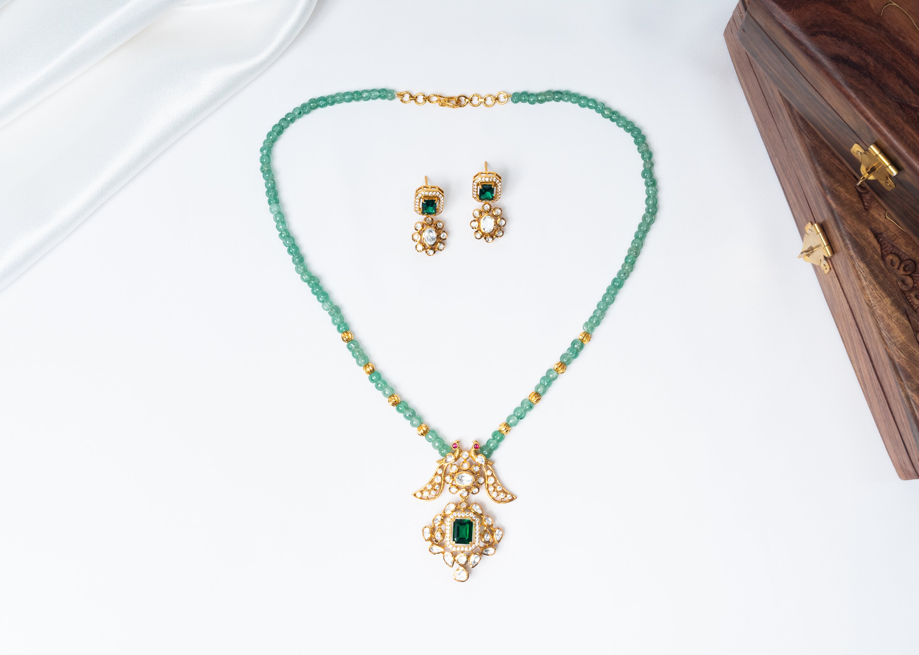 Emerald Green Beaded Gold-Plated 925 Silver Pendant Necklace Set