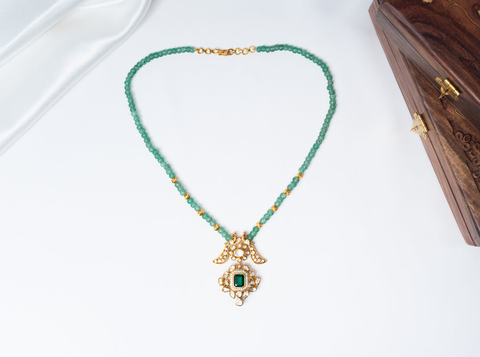 Emerald Green Beaded Gold-Plated 925 Silver Pendant Necklace Set