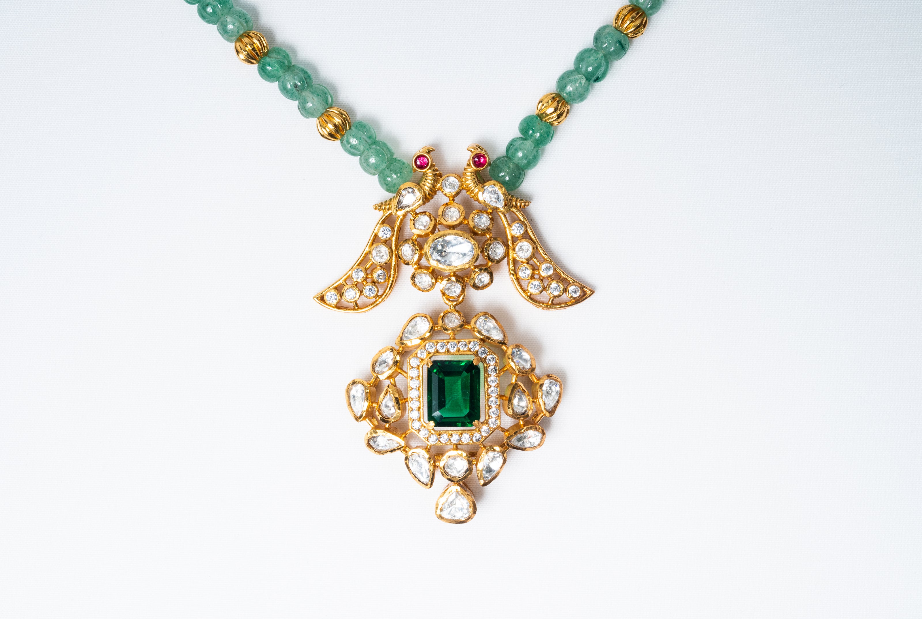 Emerald Green Beaded Gold-Plated 925 Silver Pendant Necklace Set