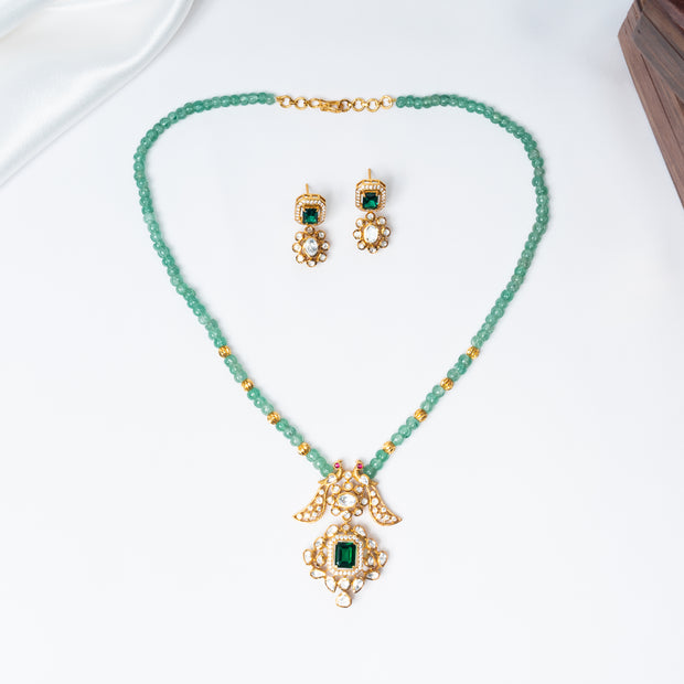 Emerald Green Beaded Gold-Plated 925 Silver Pendant Necklace Set
