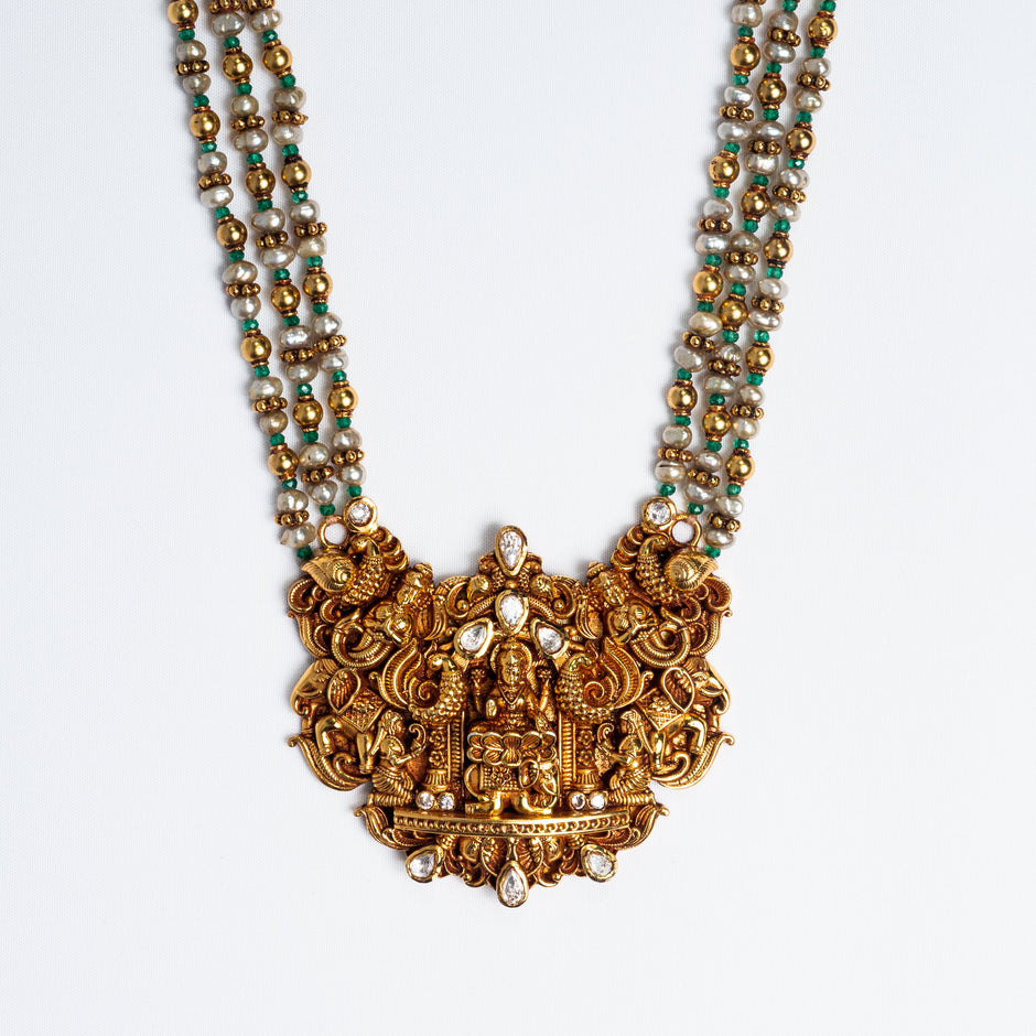 Lakshmi Temple Gold-Plated 925 Silver Haram with Pearls & Green Beads
