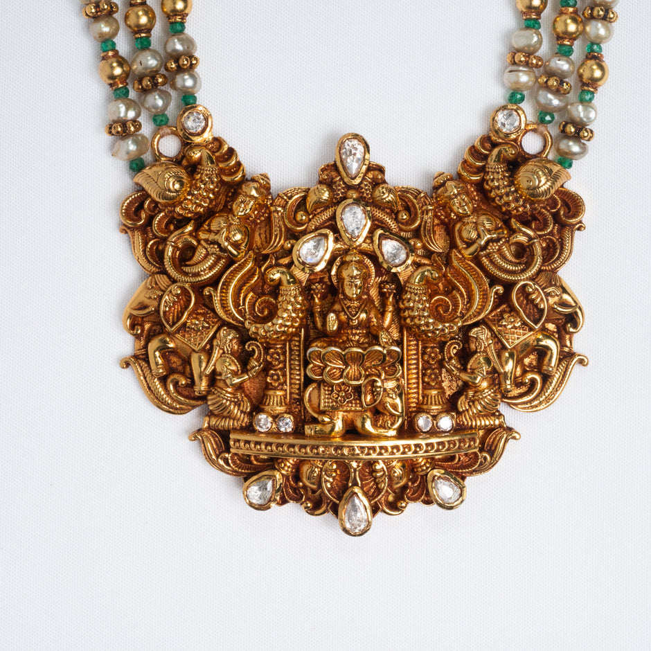 Lakshmi Temple Gold-Plated 925 Silver Haram with Pearls & Green Beads