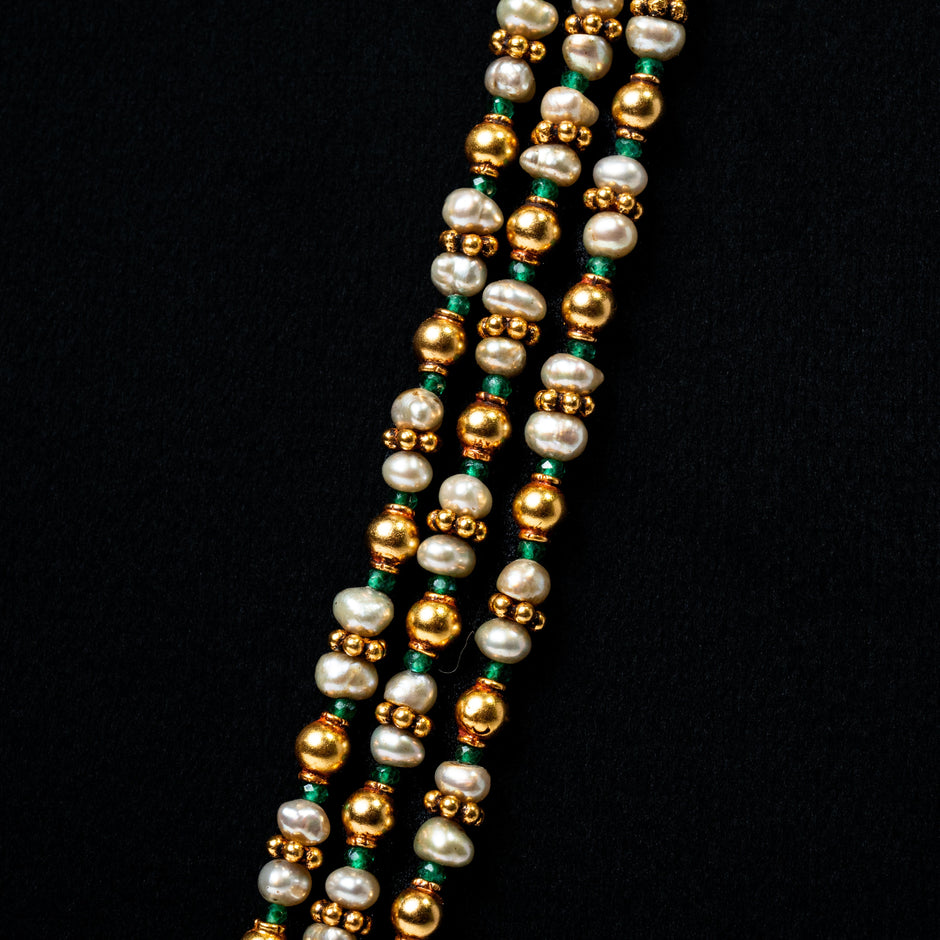 Lakshmi Temple Gold-Plated 925 Silver Haram with Pearls & Green Beads