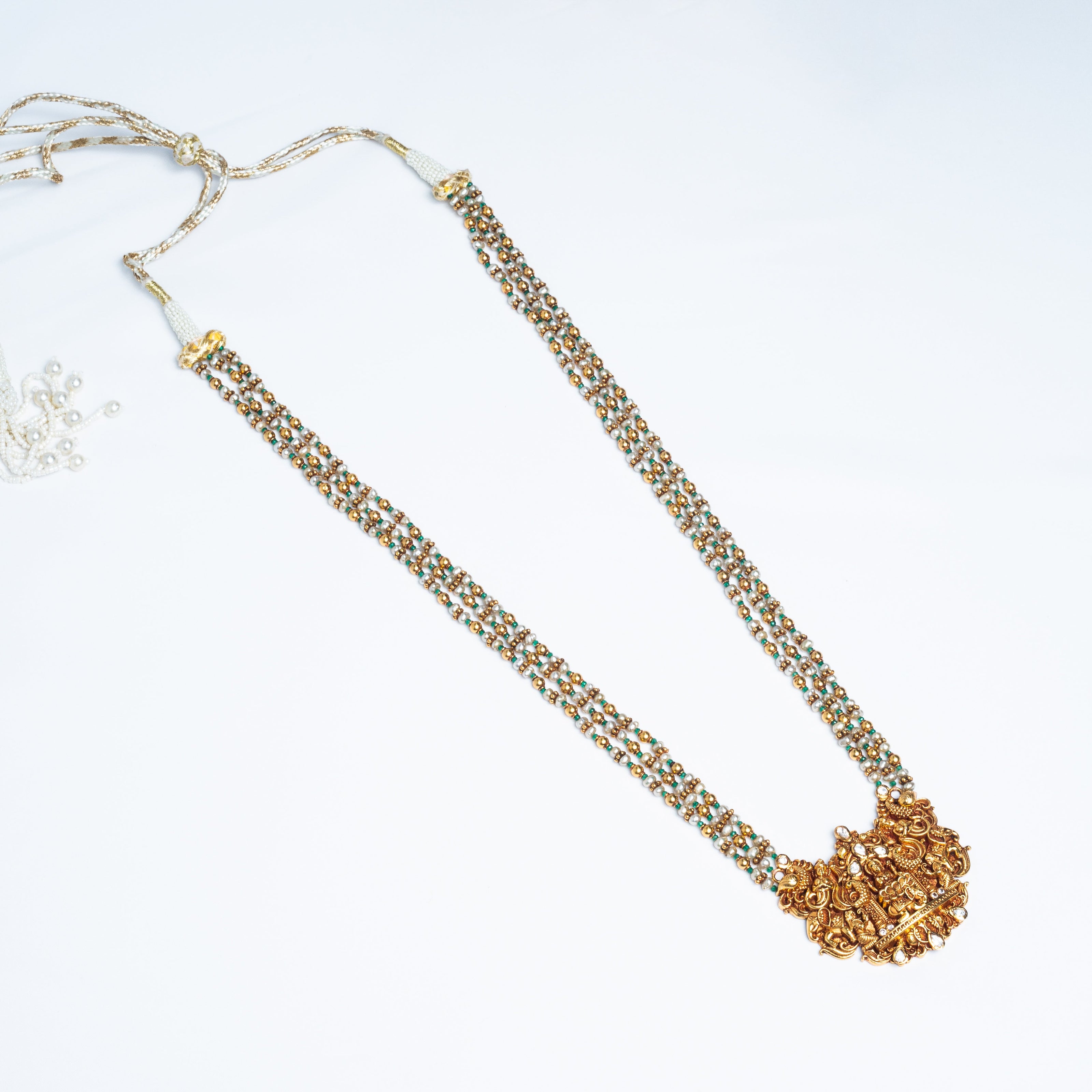 Lakshmi Temple Gold-Plated 925 Silver Haram with Pearls & Green Beads