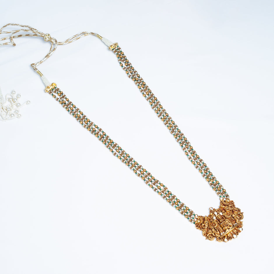 Lakshmi Temple Gold-Plated 925 Silver Haram with Pearls & Green Beads