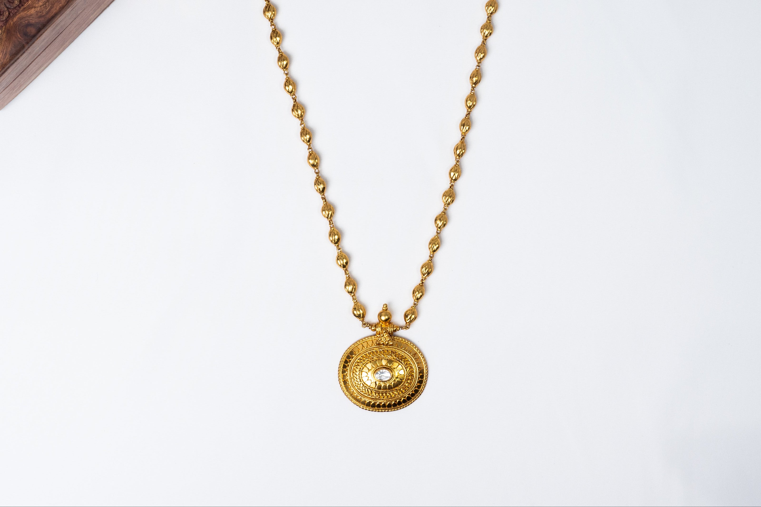 Antique Gold-Plated 925 Silver Long Necklace with Round Kundan Pendant