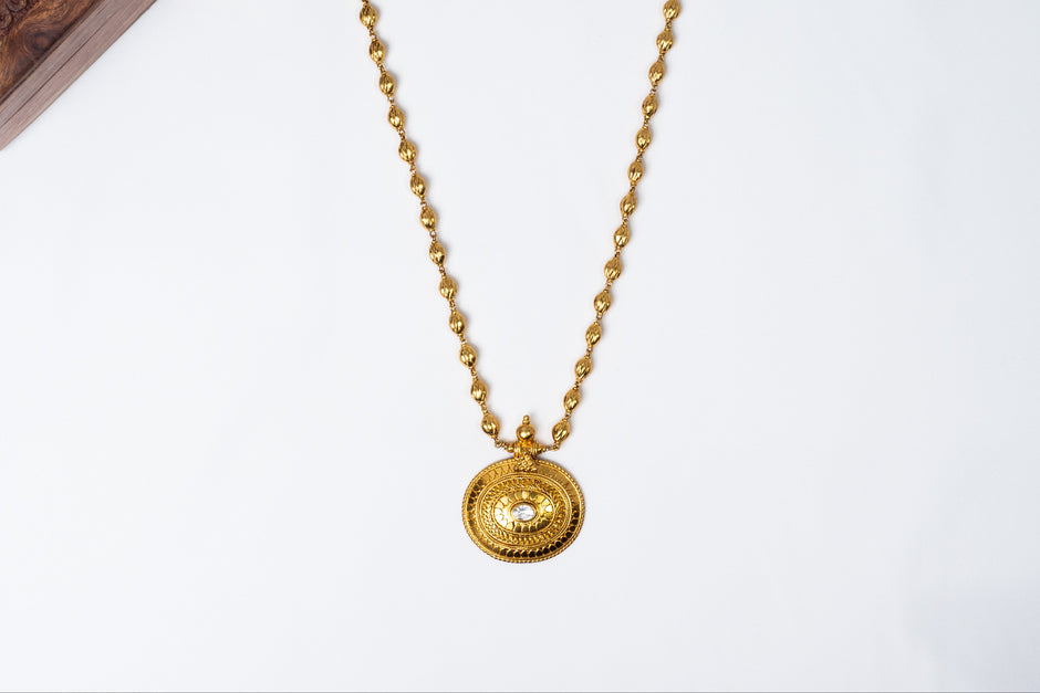 Antique Gold-Plated 925 Silver Long Necklace with Round Kundan Pendant