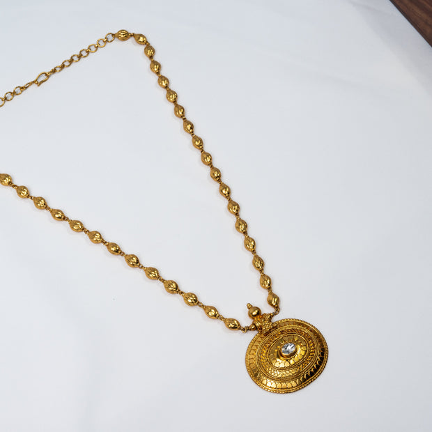 Antique Gold-Plated 925 Silver Long Necklace with Round Kundan Pendant