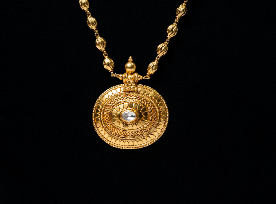 Antique Gold-Plated 925 Silver Long Necklace with Round Kundan Pendant