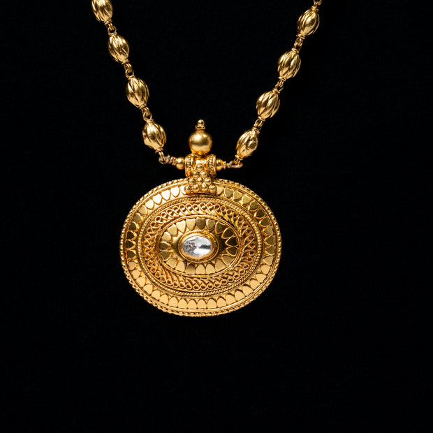 Antique Gold-Plated 925 Silver Long Necklace with Round Kundan Pendant