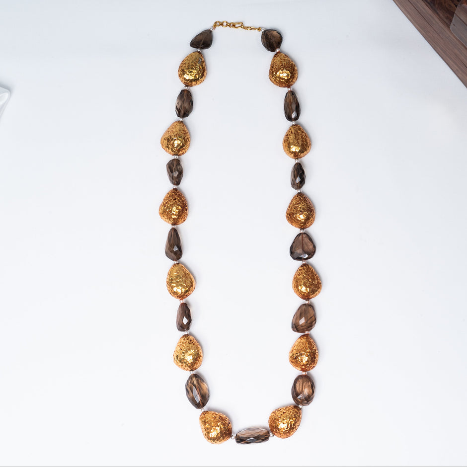 925 Sterling Silver Gold-Plated Smoky Quartz Beaded Long Necklace for Women