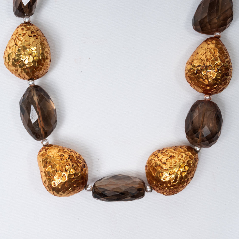 925 Sterling Silver Gold-Plated Smoky Quartz Beaded Long Necklace for Women