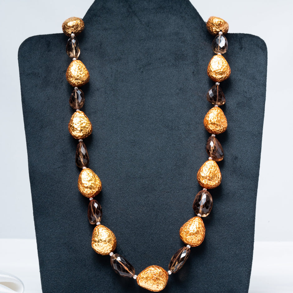 925 Sterling Silver Gold-Plated Smoky Quartz Beaded Long Necklace for Women
