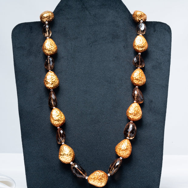 925 Sterling Silver Gold-Plated Smoky Quartz Beaded Long Necklace for Women