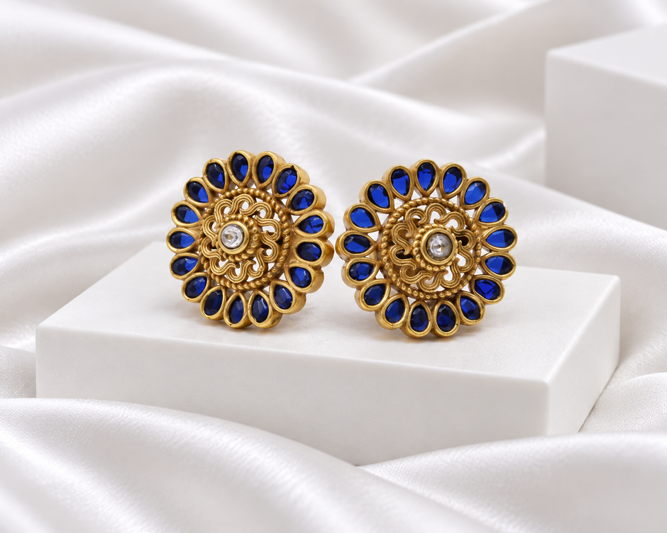Antique Gold Finish Royal Blue Floral Stud Earrings