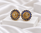 Antique Gold Finish Royal Blue Floral Stud Earrings