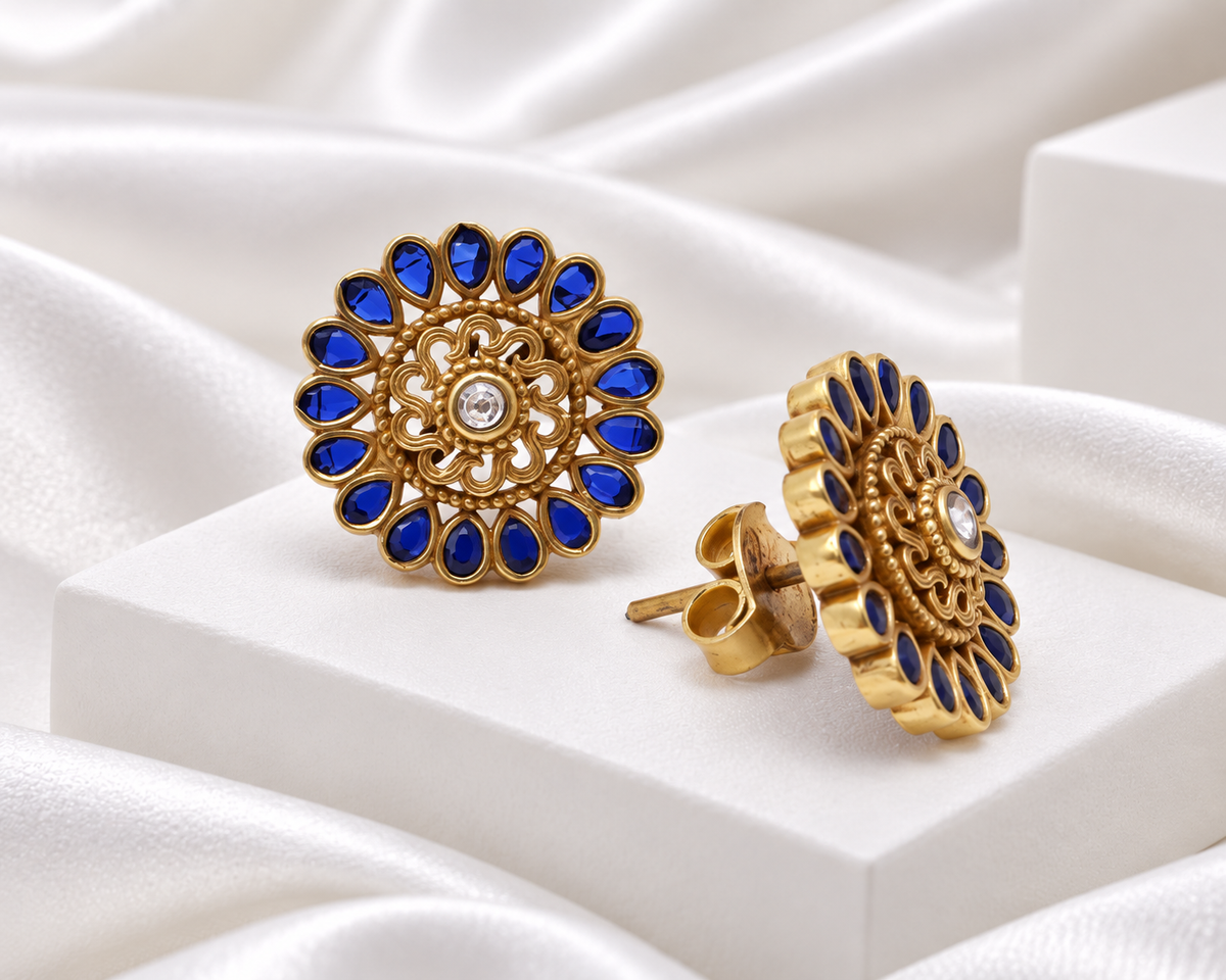 Antique Gold Finish Royal Blue Floral Stud Earrings