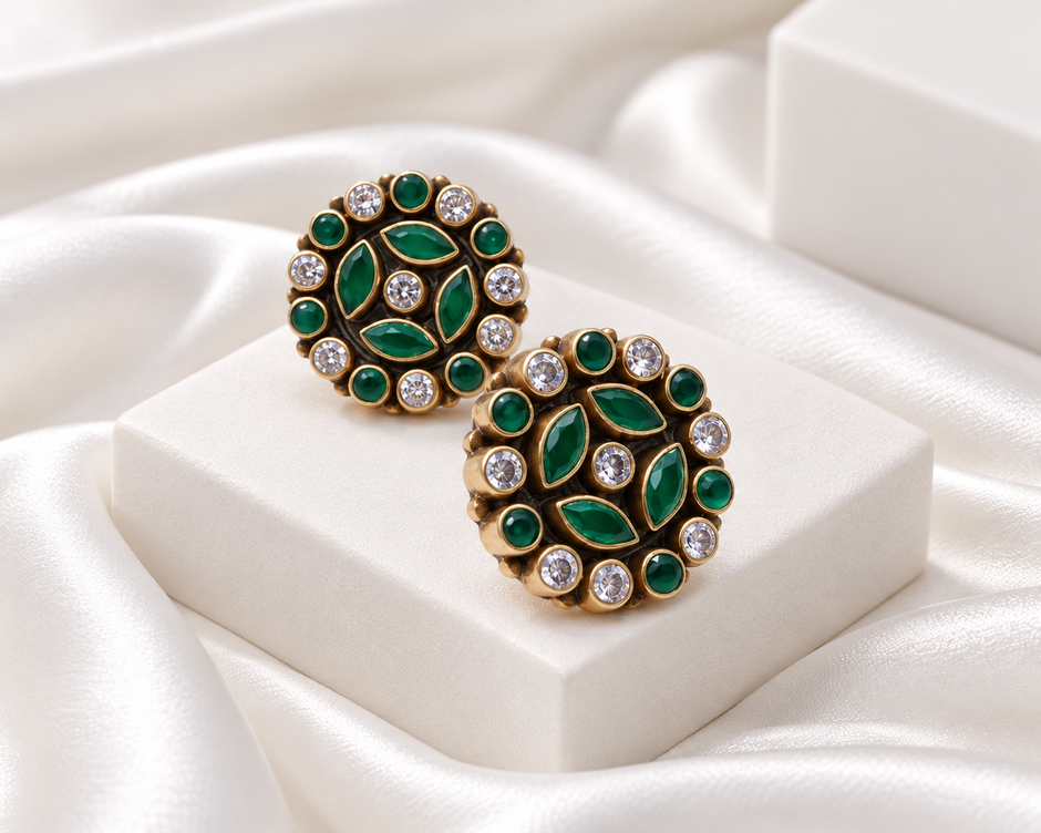 Antique Gold Finish Green & Clear Stone Floral Stud Earrings