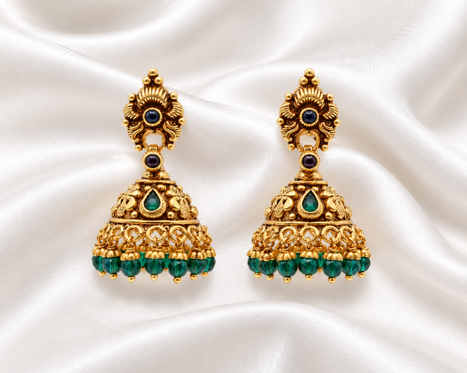 Royal Emerald Green Beaded 925 Silver Gold Polished Antique Jhumka Earrings