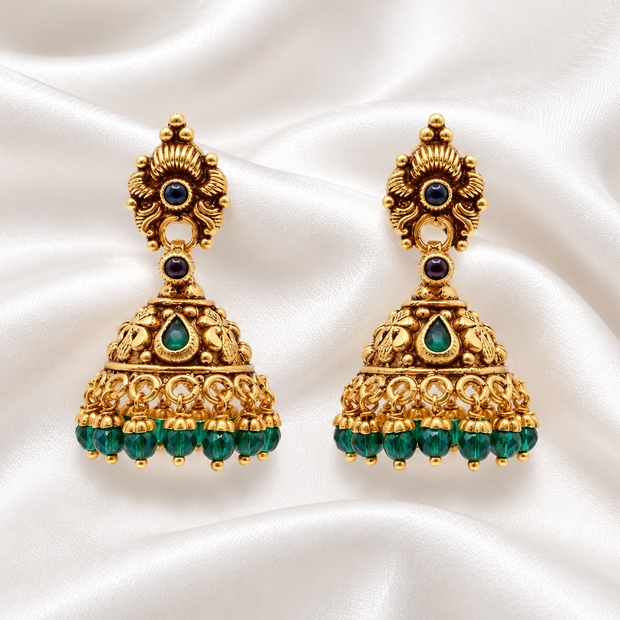 Royal Emerald Green Beaded 925 Silver Gold Polished Antique Jhumka Earrings