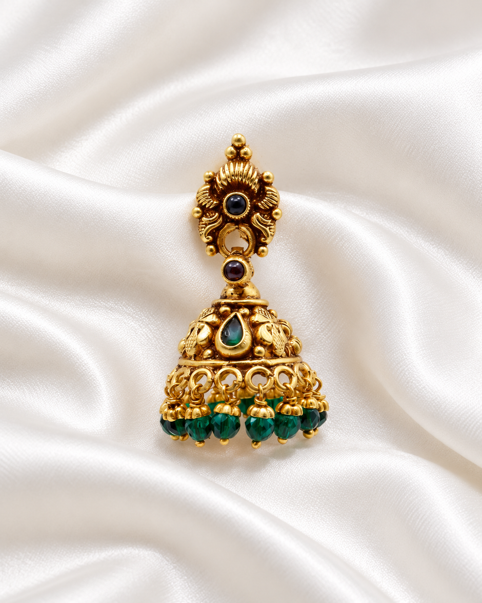 Royal Emerald Green Beaded 925 Silver Gold Polished Antique Jhumka Earrings