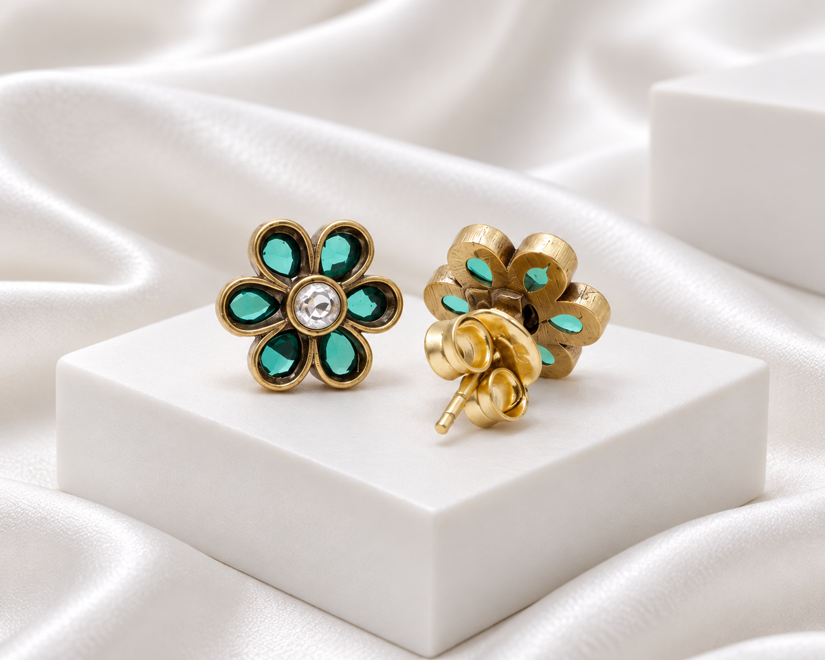 Antique Gold Finish Teal Green Floral Stud Earrings
