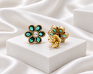 Antique Gold Finish Teal Green Floral Stud Earrings