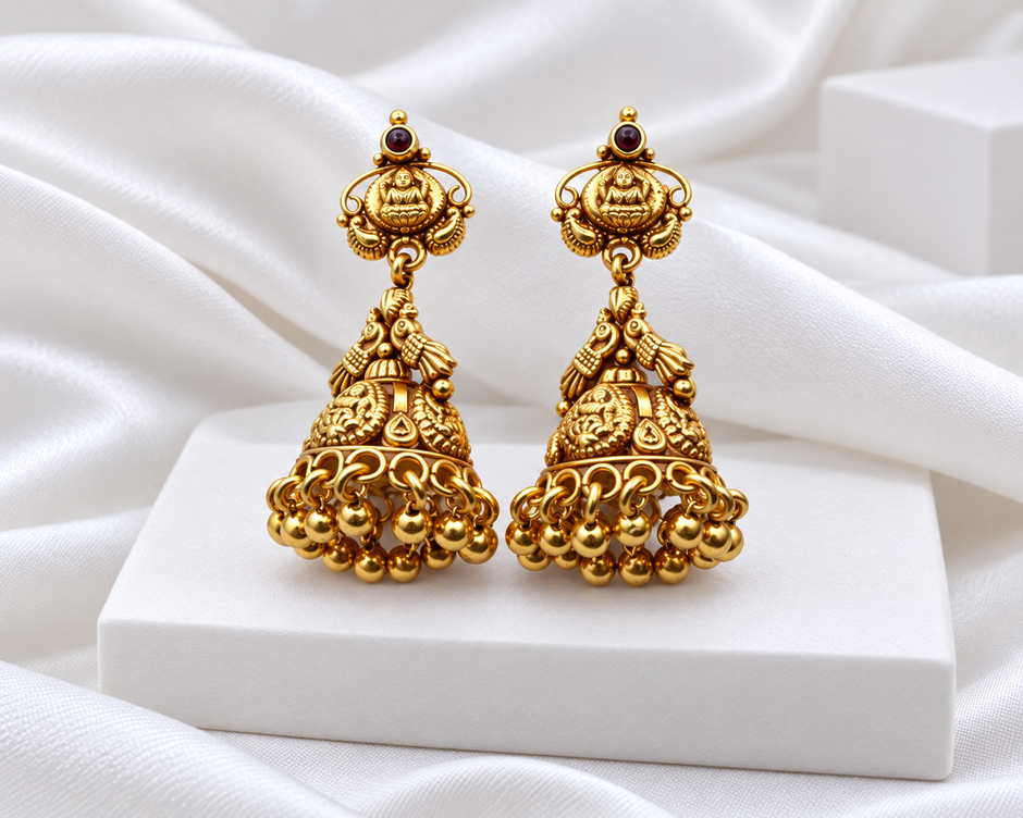 Antique Gold Tone Lakshmi Peacock Temple Jhumka Earrings