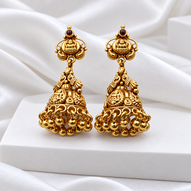 Antique Gold Tone Lakshmi Peacock Temple Jhumka Earrings