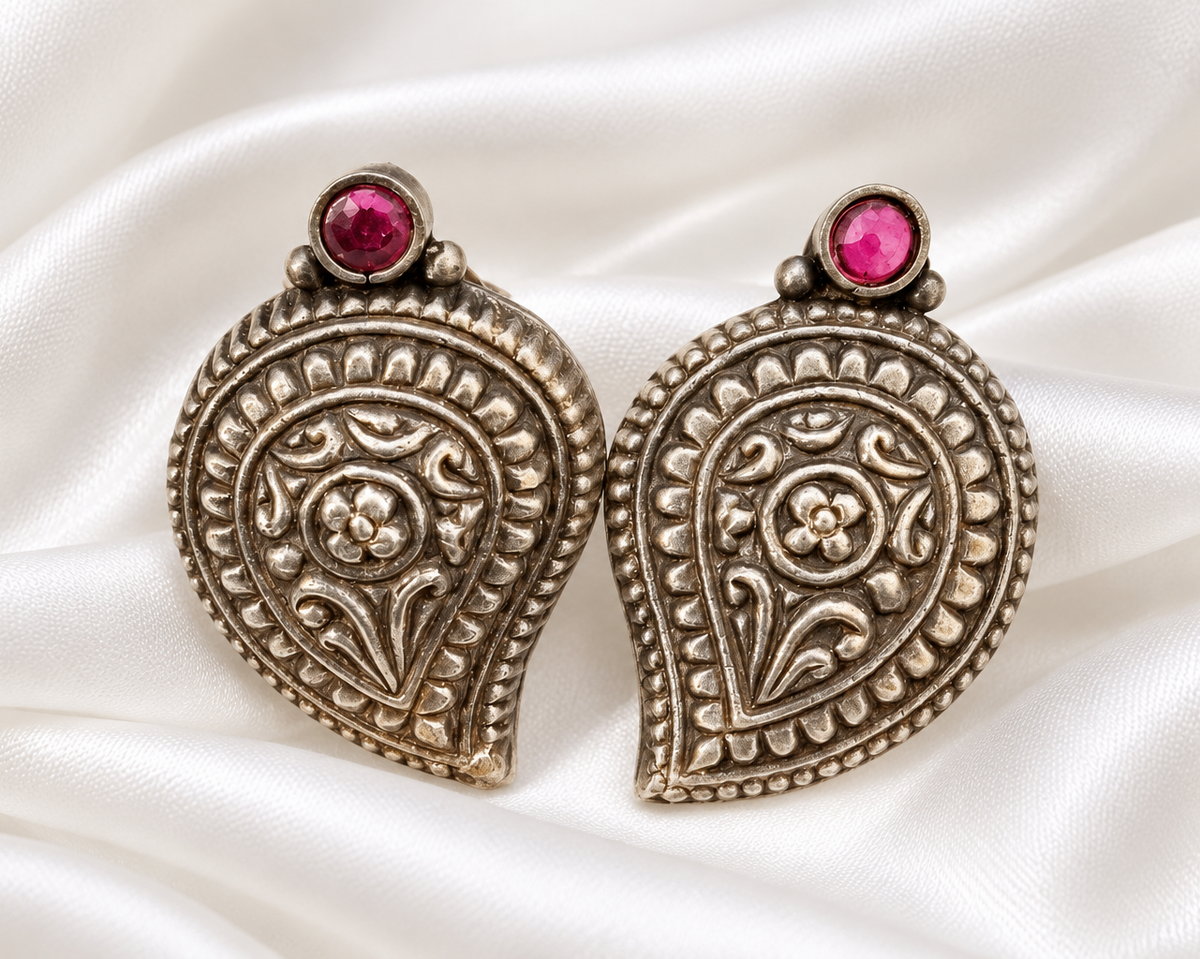Royal Paisley Antique Silver 925 Sterling Silver Pink Stone Stud Earrings