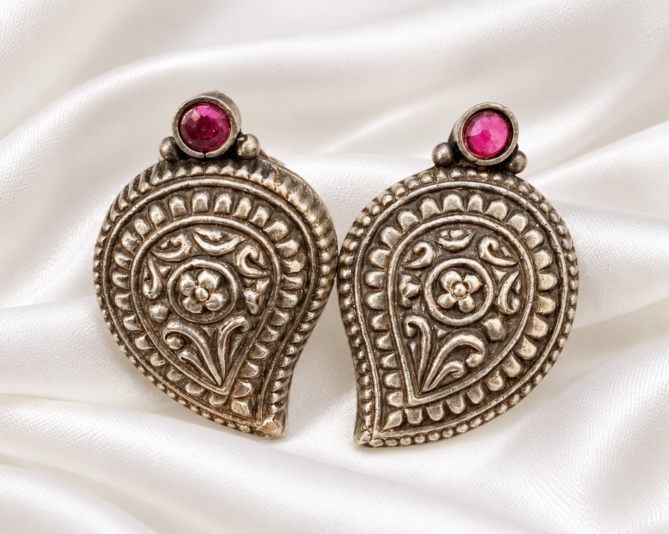 Royal Paisley Antique Silver 925 Sterling Silver Pink Stone Stud Earrings
