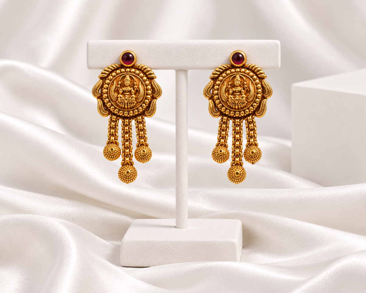 Antique Gold Tone Lakshmi Temple Earrings with Chain Drops