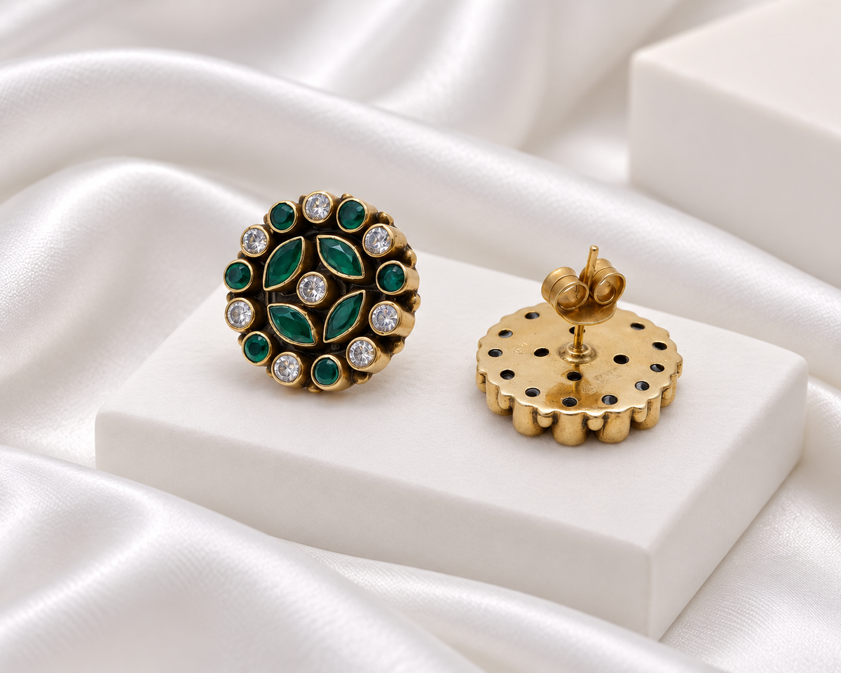 Antique Gold Finish Green & Clear Stone Floral Stud Earrings