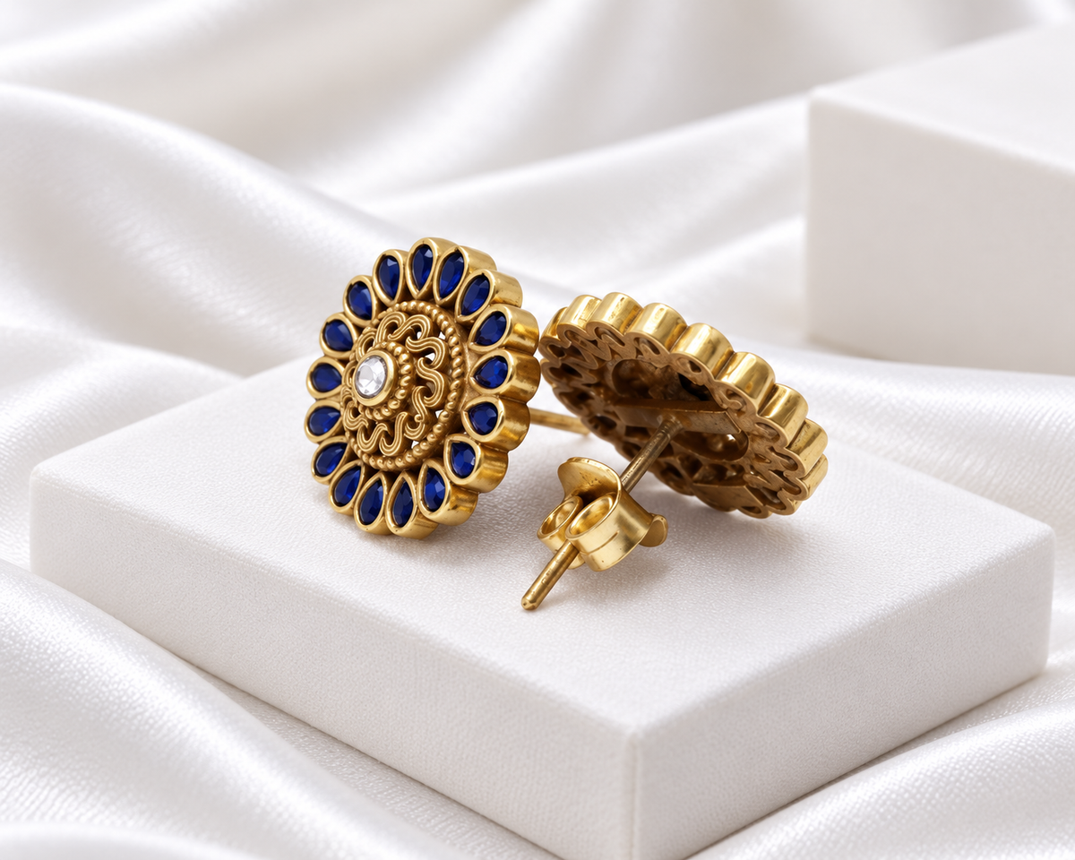Antique Gold Finish Royal Blue Floral Stud Earrings