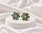 Antique Gold Finish Teal Green Floral Stud Earrings