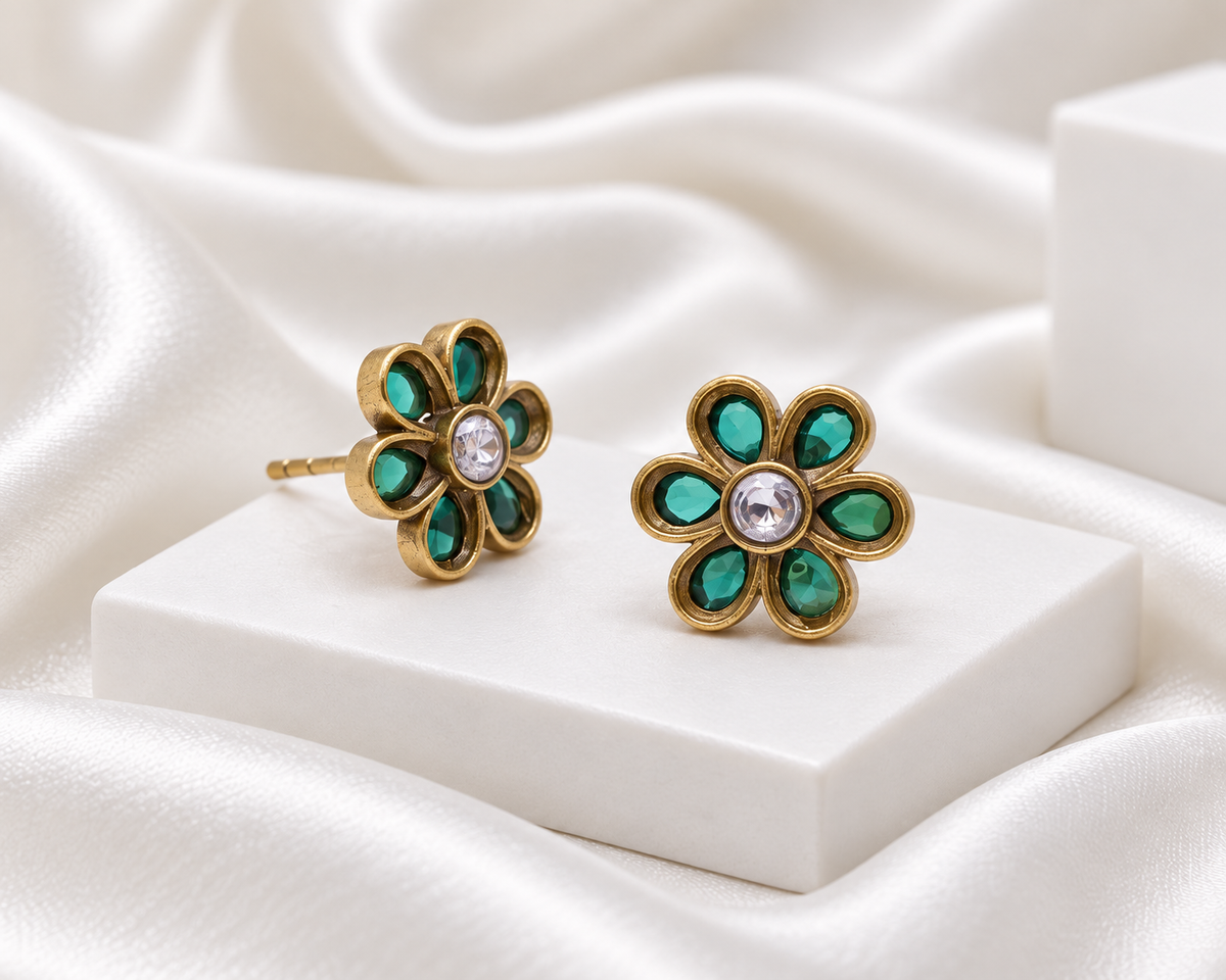 Antique Gold Finish Teal Green Floral Stud Earrings