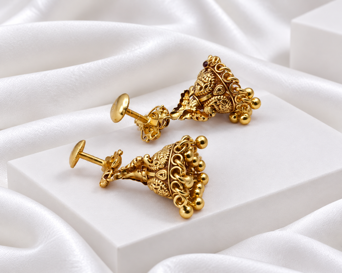 Antique Gold Tone Lakshmi Peacock Temple Jhumka Earrings