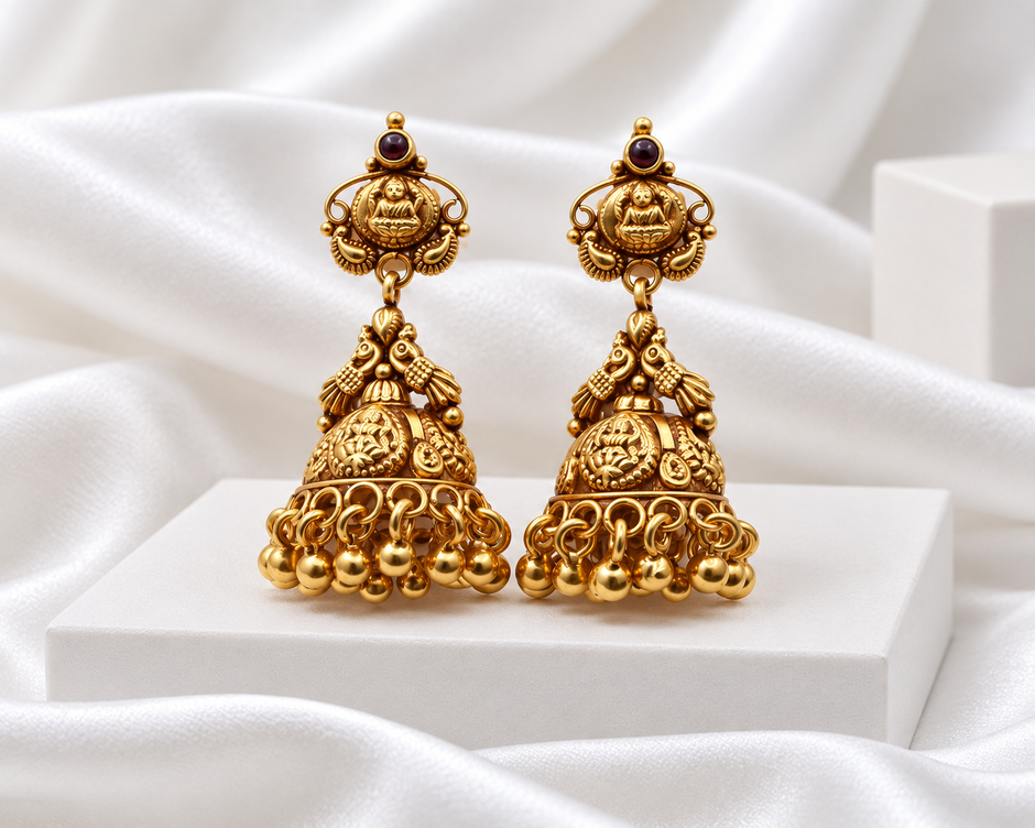 Antique Gold Tone Lakshmi Peacock Temple Jhumka Earrings