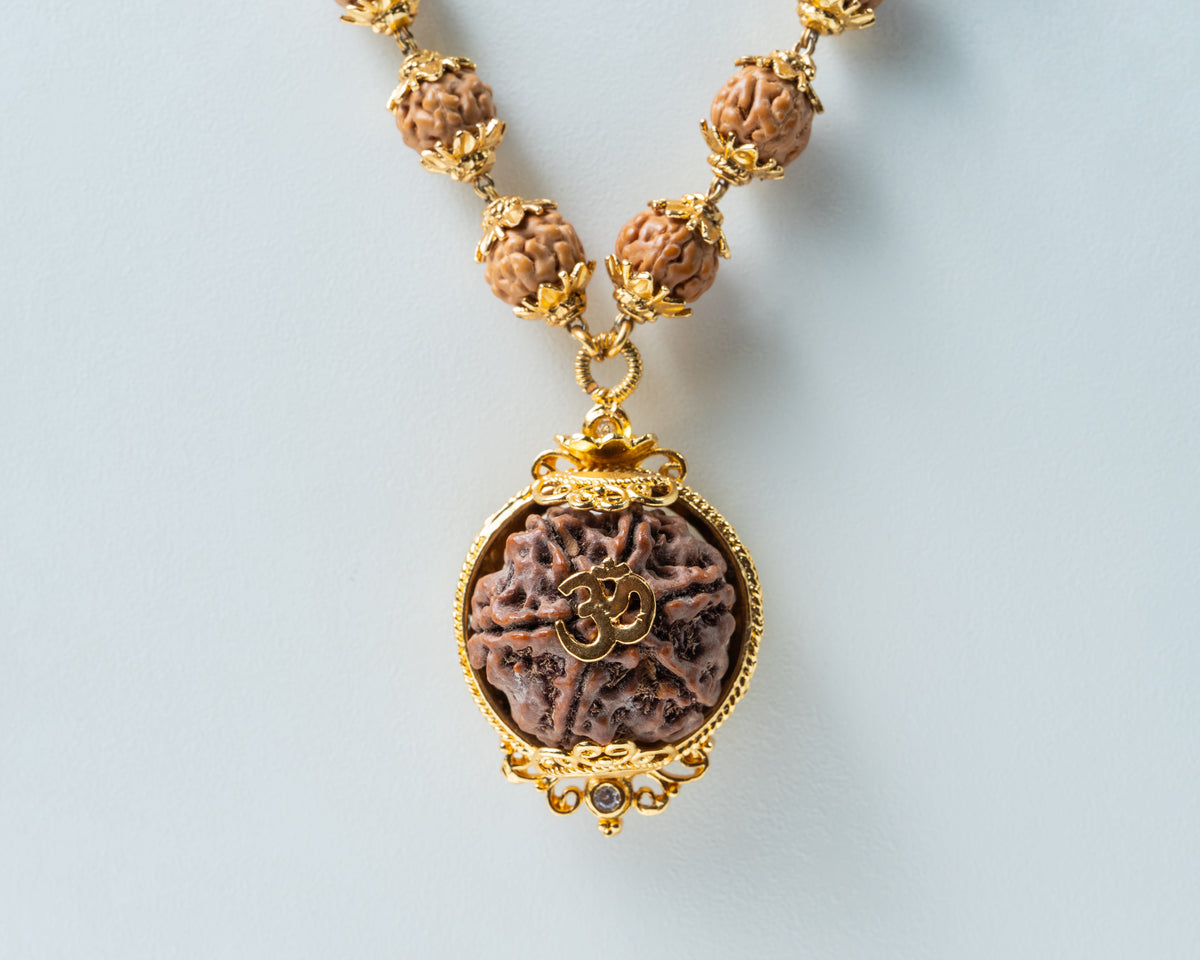Traditional Rudraksha Mala with Om Pendant – Gold-Tone Spiritual Necklace