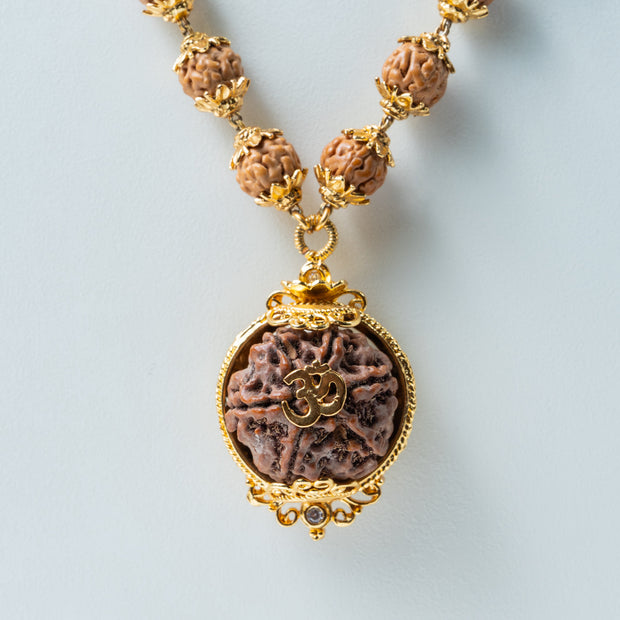 Traditional Rudraksha Mala with Om Pendant – Gold-Tone Spiritual Necklace
