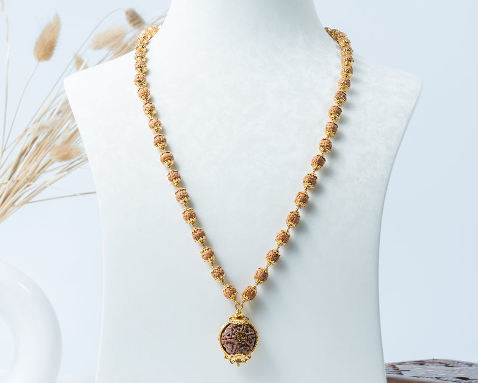Traditional Rudraksha Mala with Om Pendant – Gold-Tone Spiritual Necklace