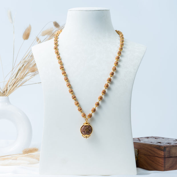 Traditional Rudraksha Mala with Om Pendant – Gold-Tone Spiritual Necklace
