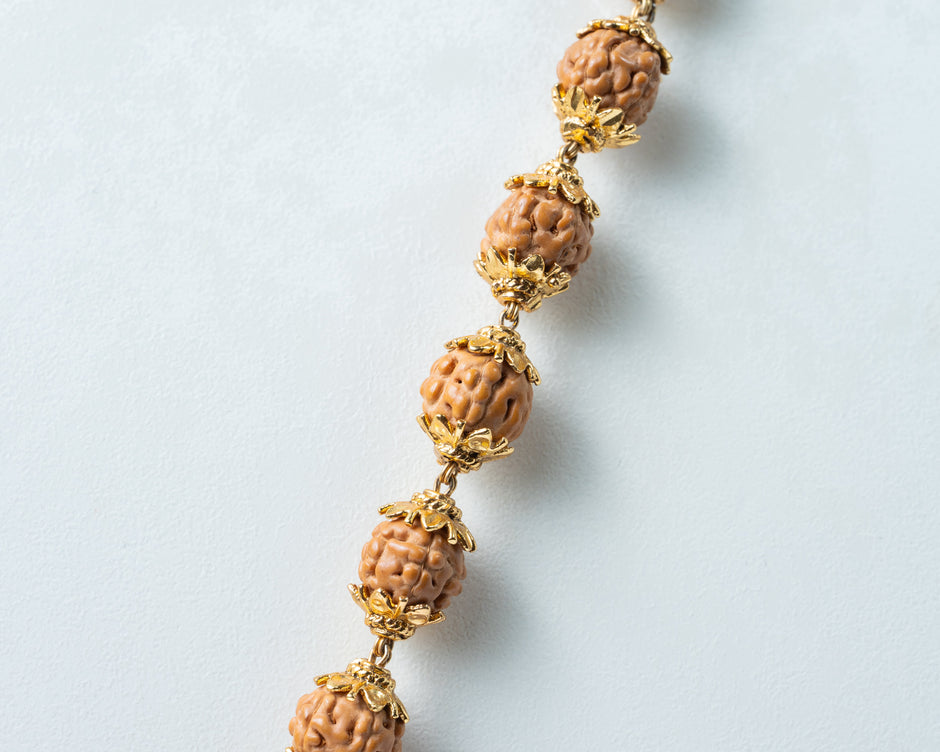 Traditional Rudraksha Mala with Om Pendant – Gold-Tone Spiritual Necklace
