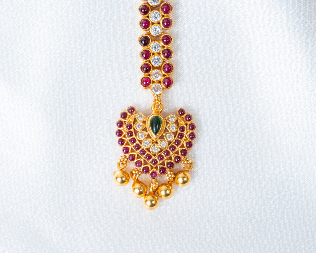 Ruby & White Stone Gold-Plated Traditional Maang Tikka with Green Accent