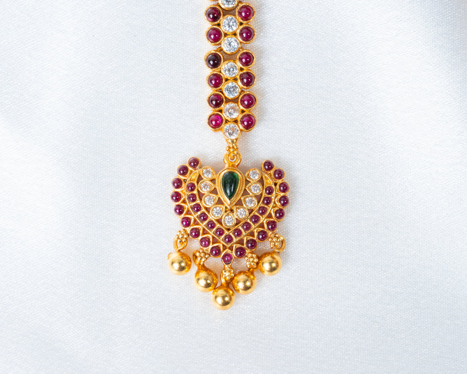Ruby & White Stone Gold-Plated Traditional Maang Tikka with Green Accent