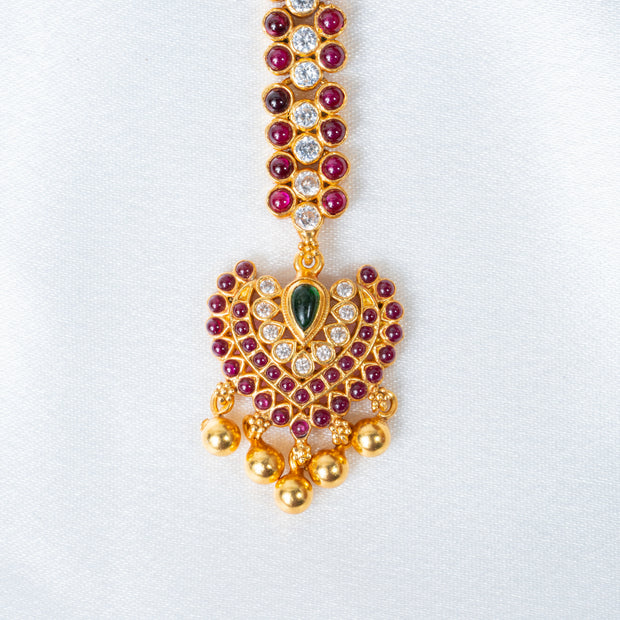 Ruby & White Stone Gold-Plated Traditional Maang Tikka with Green Accent